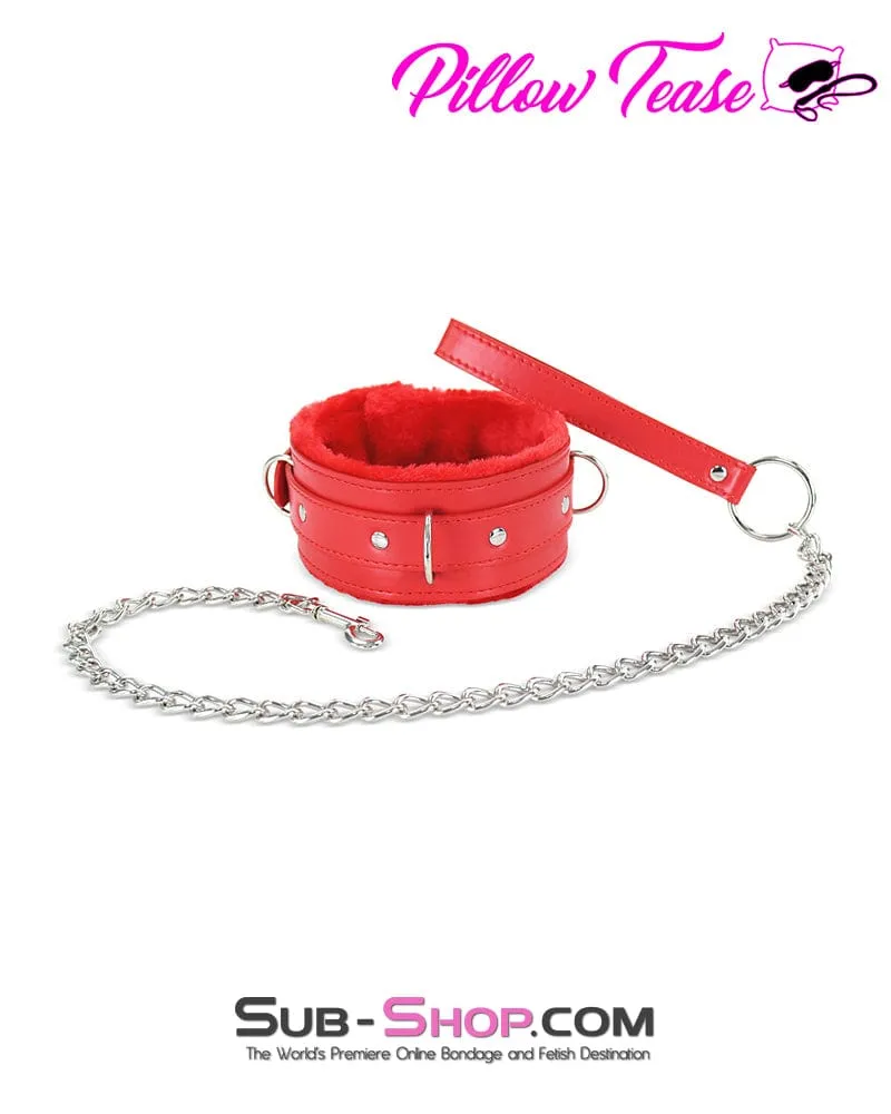 0628DL      Locking Red Fur Lined Bondage Collar and Leash