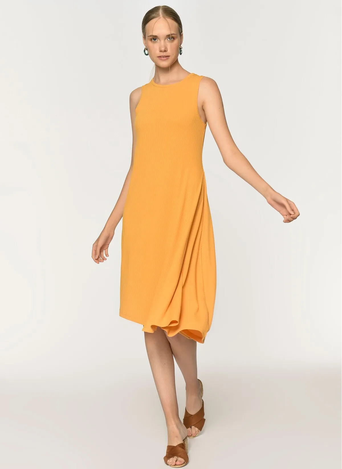 13514 Mustard Knitted Asymmetrical Dress