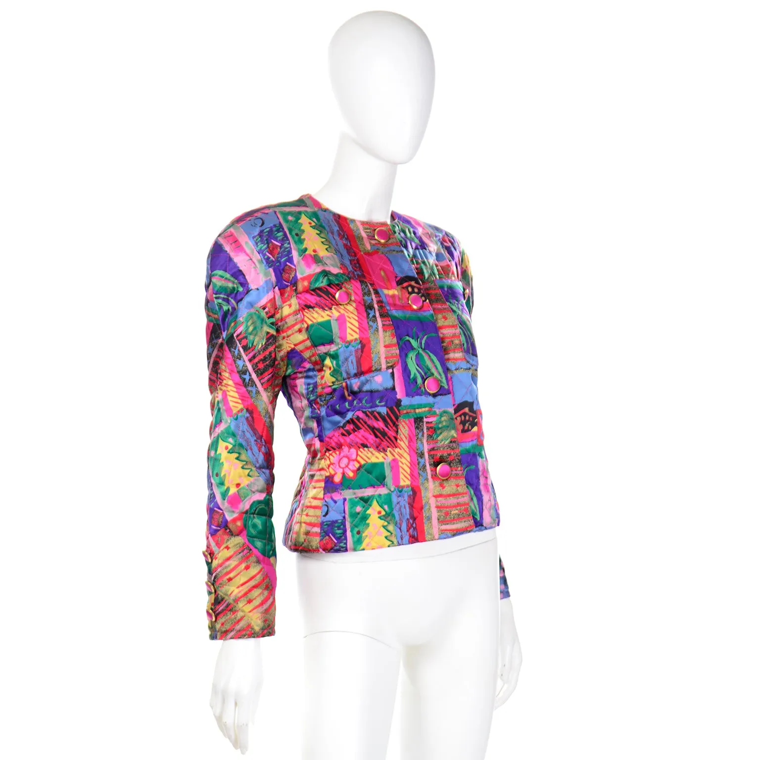 1980s Colorful Silk Quilted Cropped Jacket Made in Germany