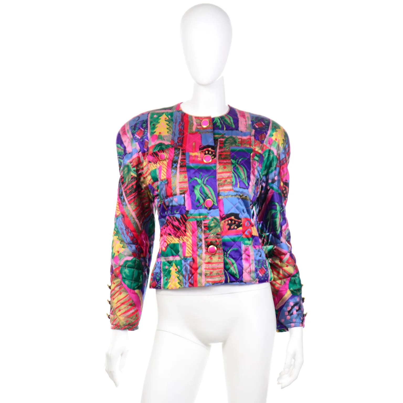 1980s Colorful Silk Quilted Cropped Jacket Made in Germany