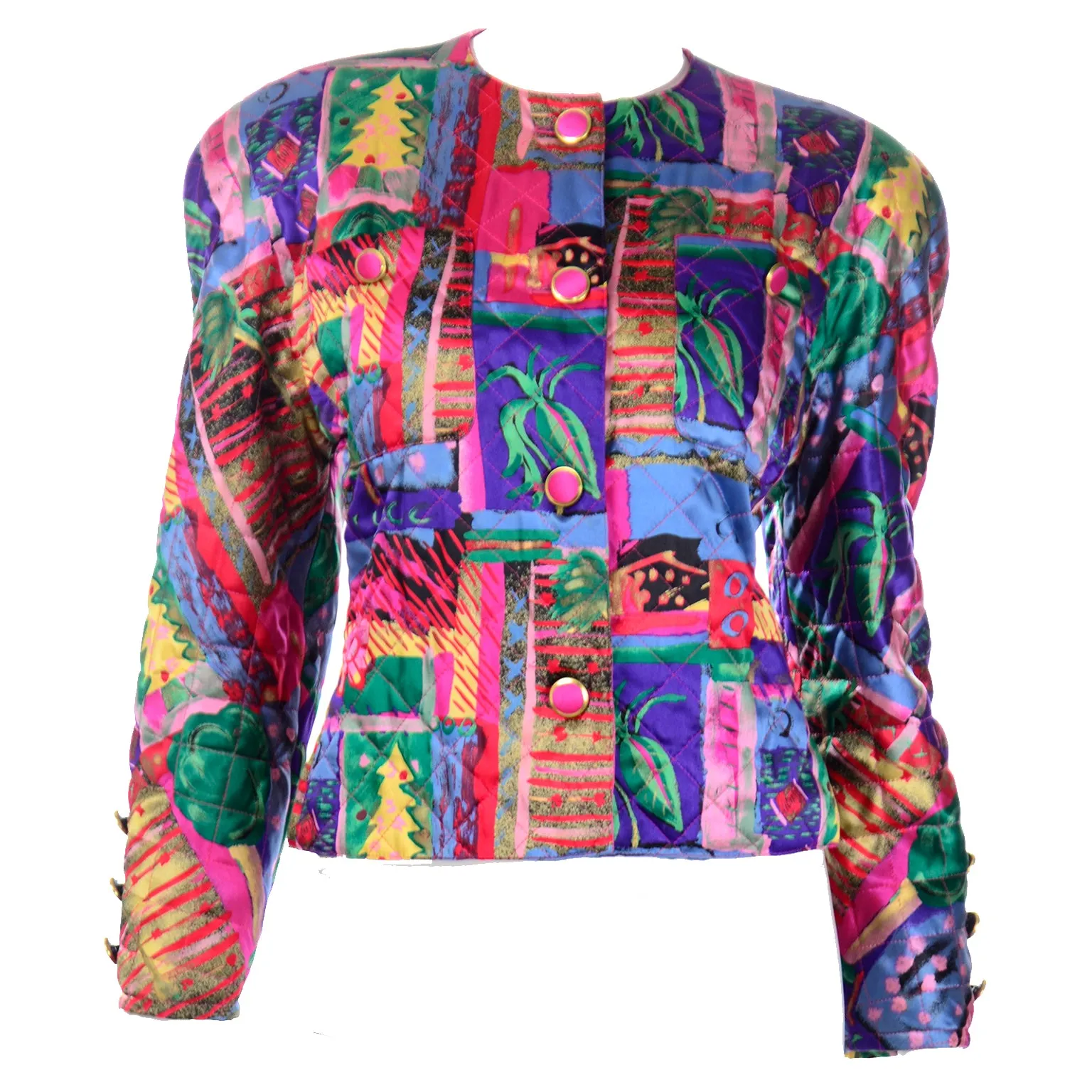 1980s Colorful Silk Quilted Cropped Jacket Made in Germany