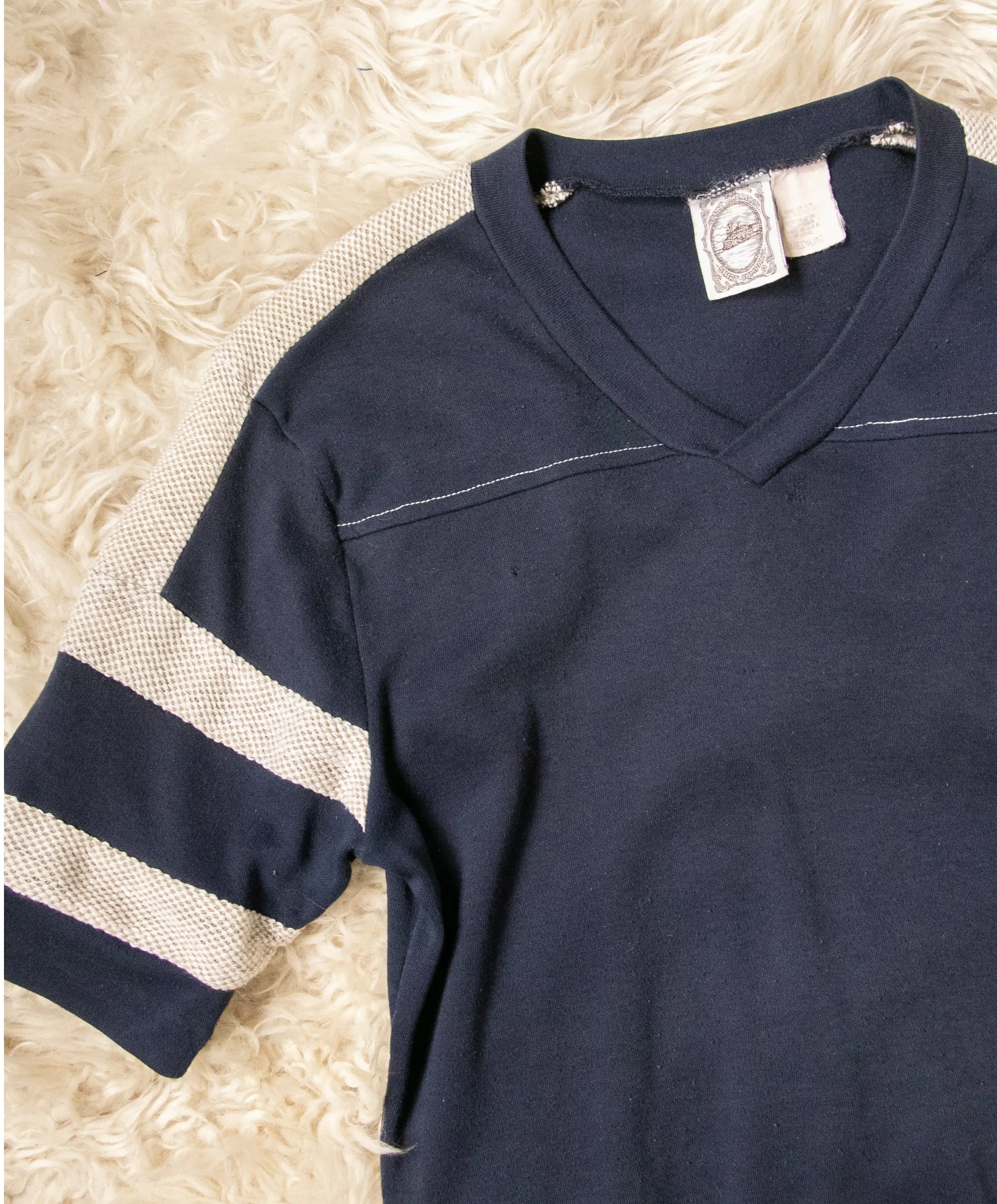 1980s Tee Blue Stripe Weave T-Shirt M