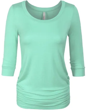 3/4 Sleeve Solid Basic Drape Top Side Shirring Tunic