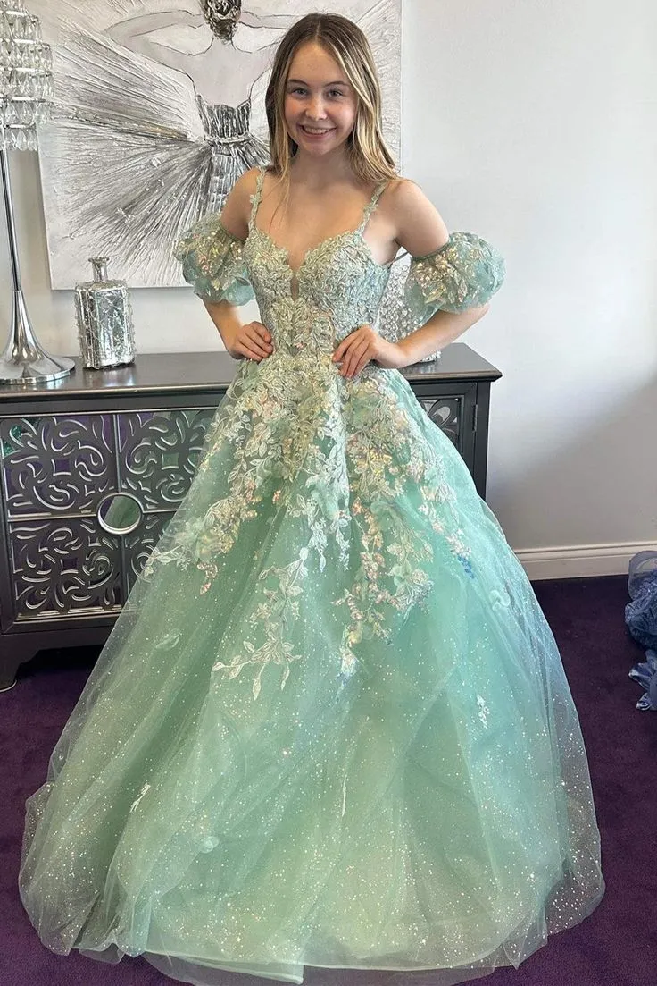 A-Line Appliques Plunge V Long Prom Dress with Detachable Sleeves           fg6370