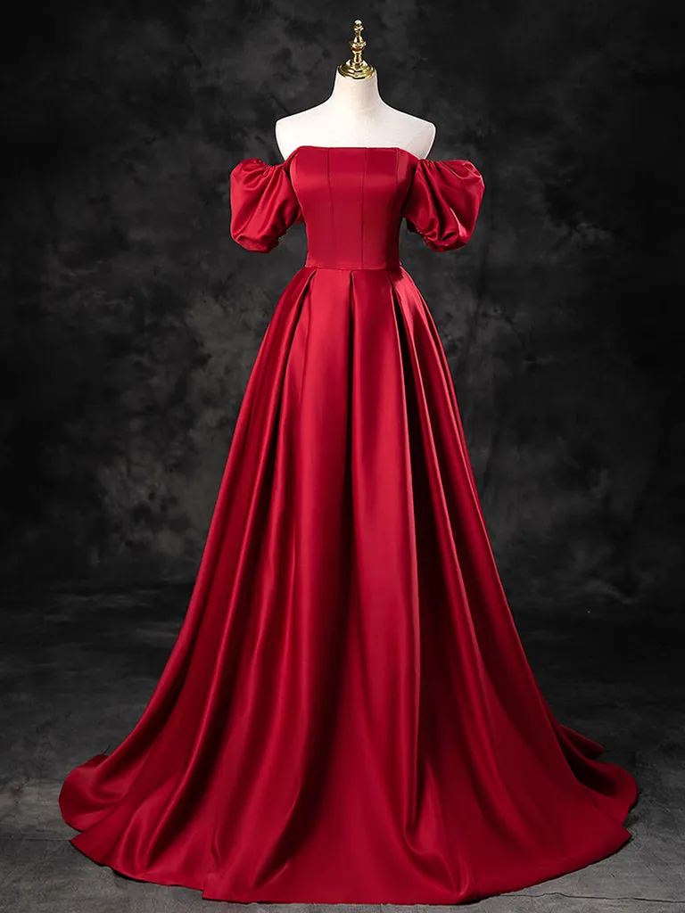 A-Line Burgundy Satin Long Prom Dress, Burgundy Long Evening Dress