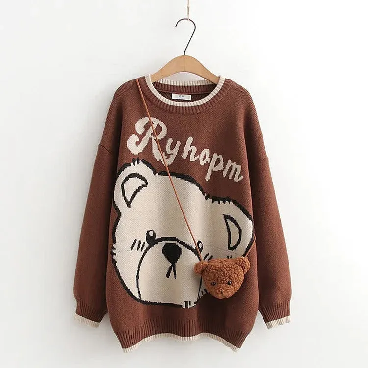 Adorable Elegance: Cartoon Bear Print Letter Sweater with Crossbody Bag - Cute Bliss in Every Stitch! 🧸🎒