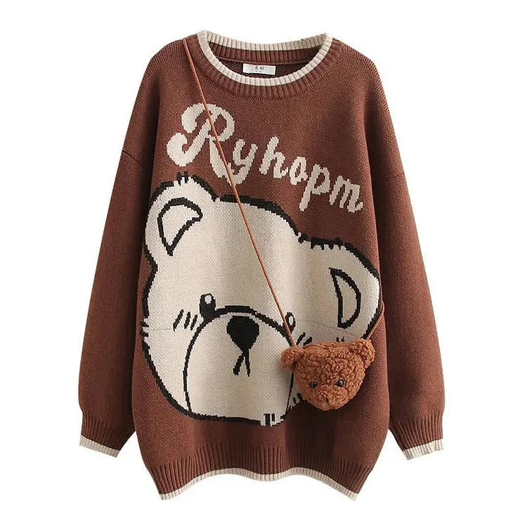 Adorable Elegance: Cartoon Bear Print Letter Sweater with Crossbody Bag - Cute Bliss in Every Stitch! 🧸🎒