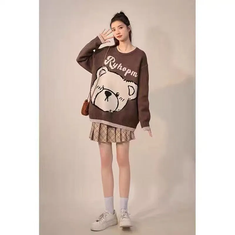 Adorable Elegance: Cartoon Bear Print Letter Sweater with Crossbody Bag - Cute Bliss in Every Stitch! 🧸🎒