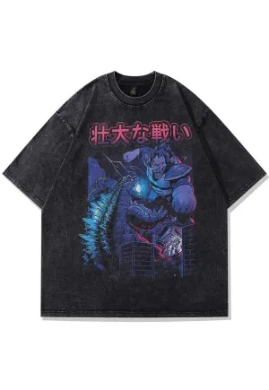 Anime print t-shirt Godzilla tee retro Japanese top in grey