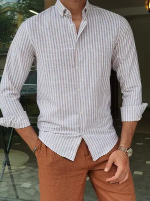 Beige Slim Fit Long Sleeve Striped Cotton Shirt for Men by GentWith.com