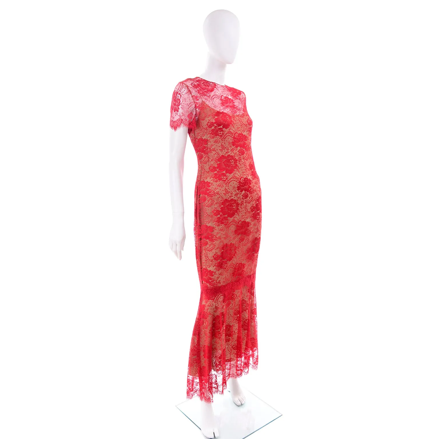 Bill Blass S/S 1997 Vintage Red Lace Evening Runway Dress With Layered Silk Slip