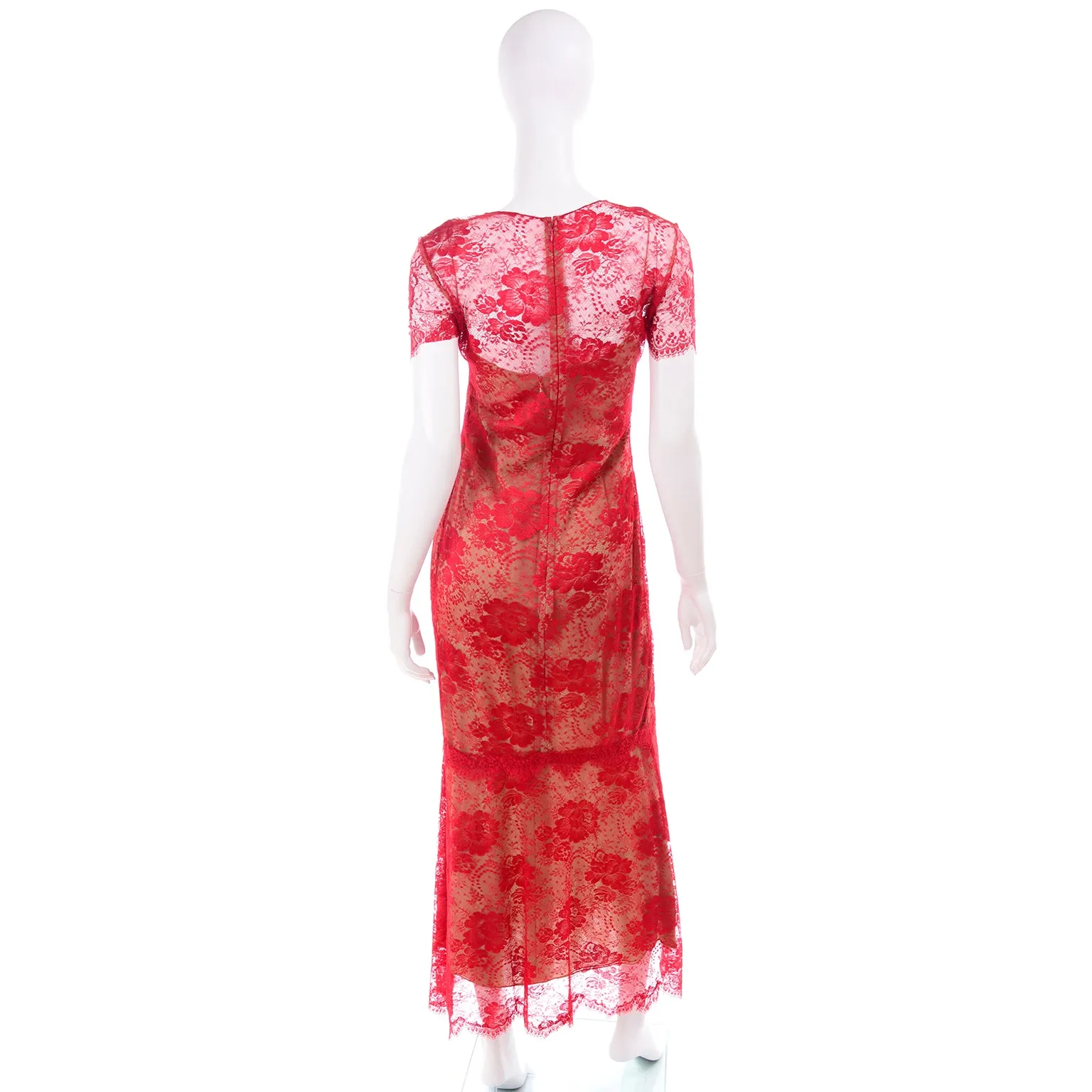 Bill Blass S/S 1997 Vintage Red Lace Evening Runway Dress With Layered Silk Slip