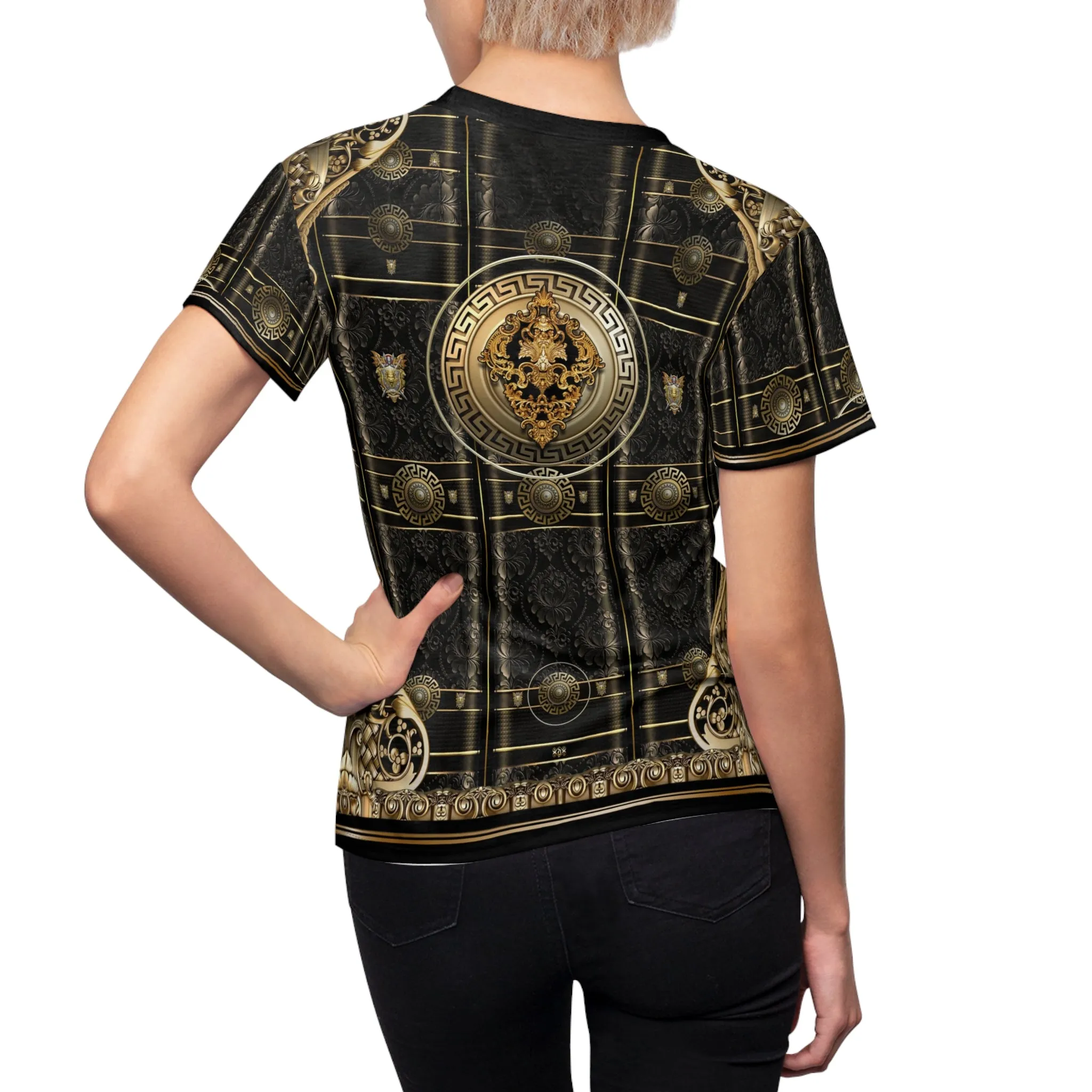 Black Beauty T-Shirt Unisex All Over Print Tee Gold Medallion T-Shirt Unisex Baroque Tee | 100356