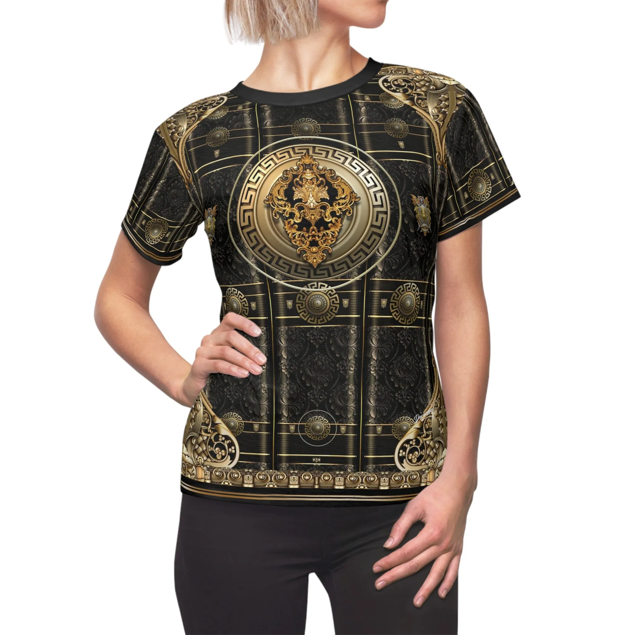 Black Beauty T-Shirt Unisex All Over Print Tee Gold Medallion T-Shirt Unisex Baroque Tee | 100356