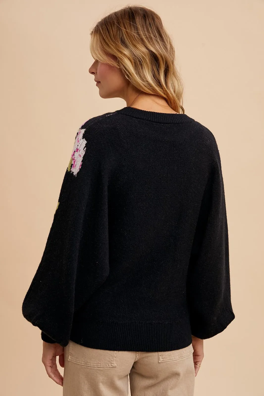 Black Floral Puff Sleeve Sweater