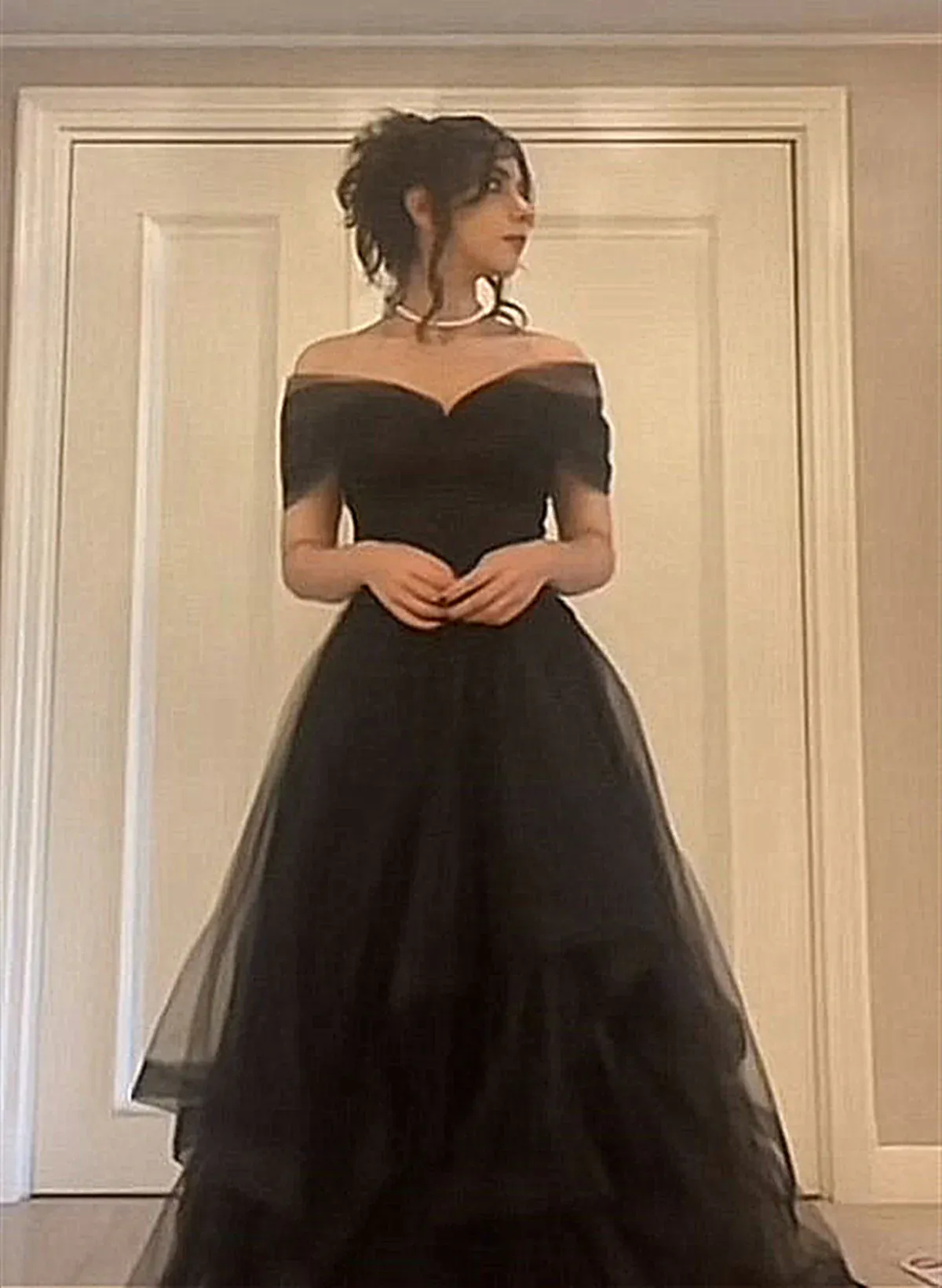 Black Off Shoulder Sweetheart Tulle Prom Dress, Black Tulle A-Line Party Dress       fg5045