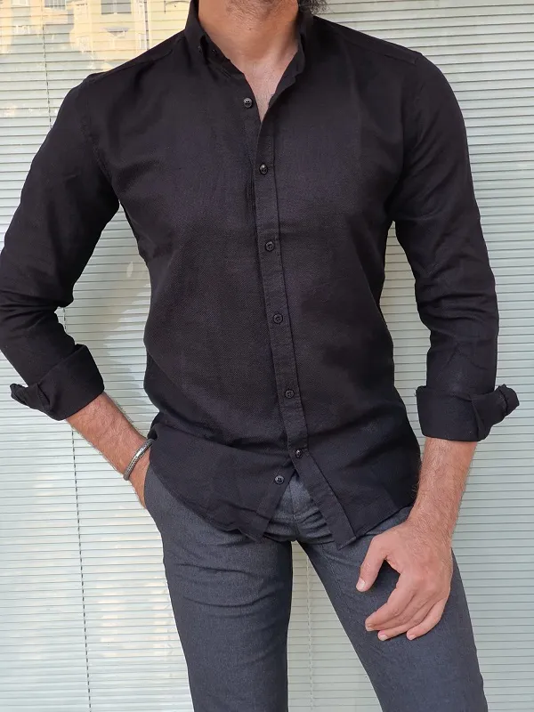 Black Slim Fit Long Sleeve Cotton Shirt for Men by GentWith.com