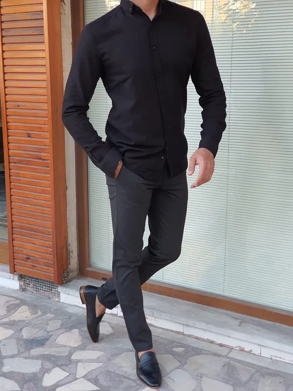 Black Slim Fit Long Sleeve Cotton Shirt for Men by GentWith.com