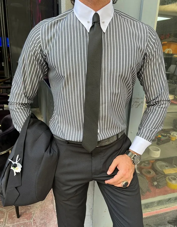 Black Slim Fit Striped Cotton Shirt for Men by GentWith.com