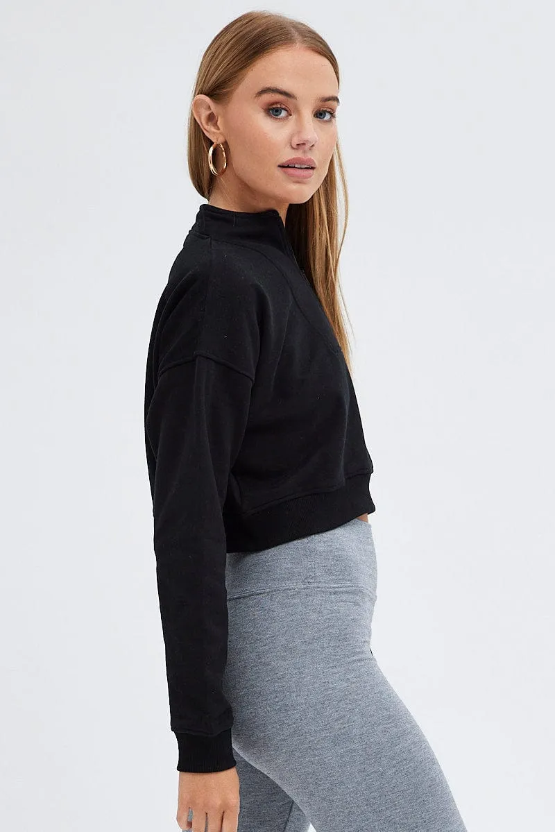 Black Sweater Crop Half Zip Long Sleeve