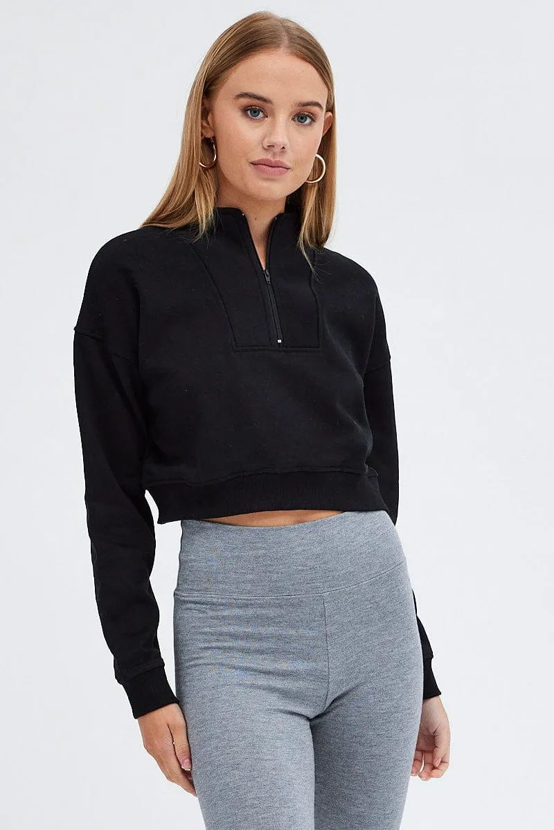 Black Sweater Crop Half Zip Long Sleeve