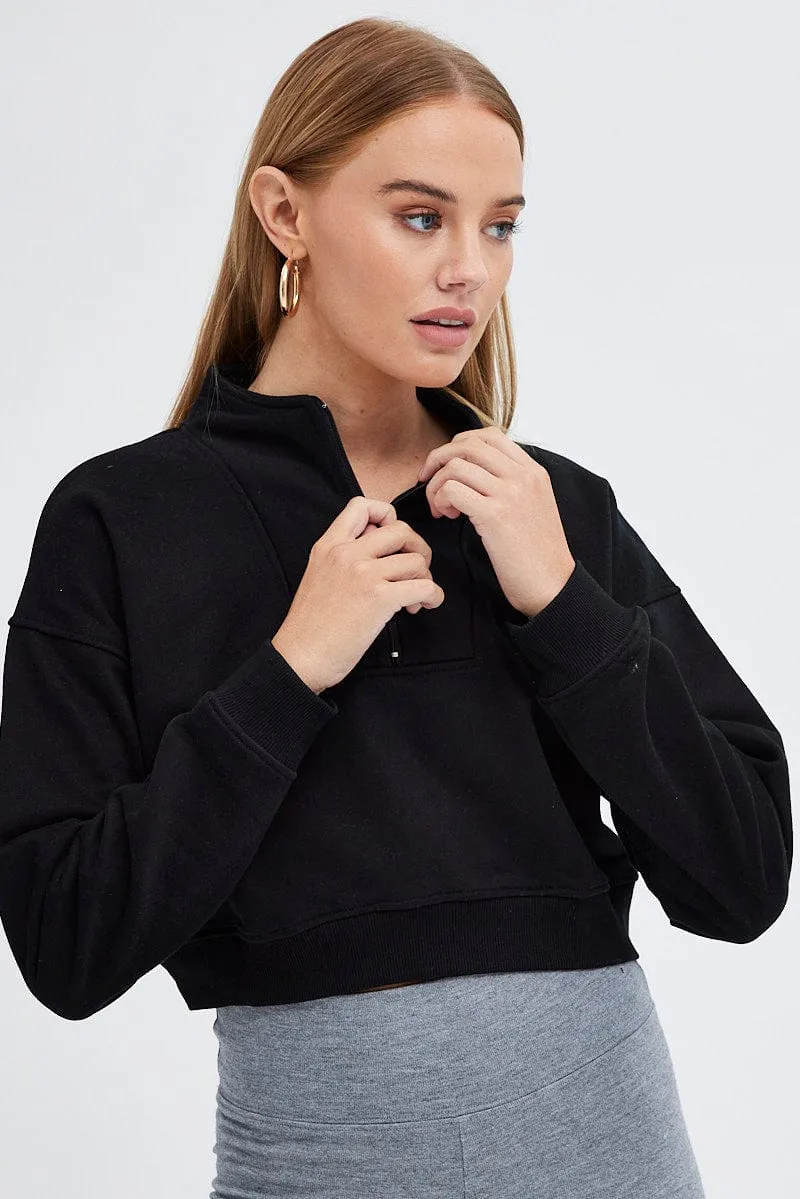 Black Sweater Crop Half Zip Long Sleeve