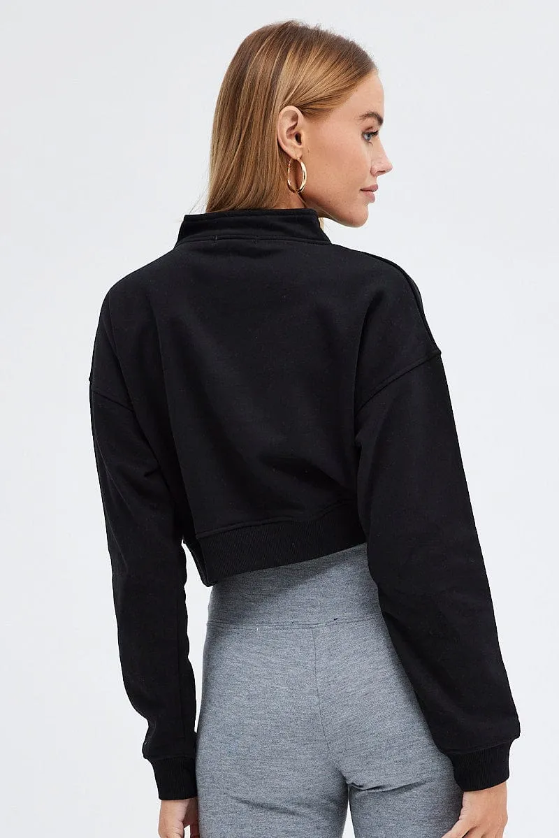 Black Sweater Crop Half Zip Long Sleeve