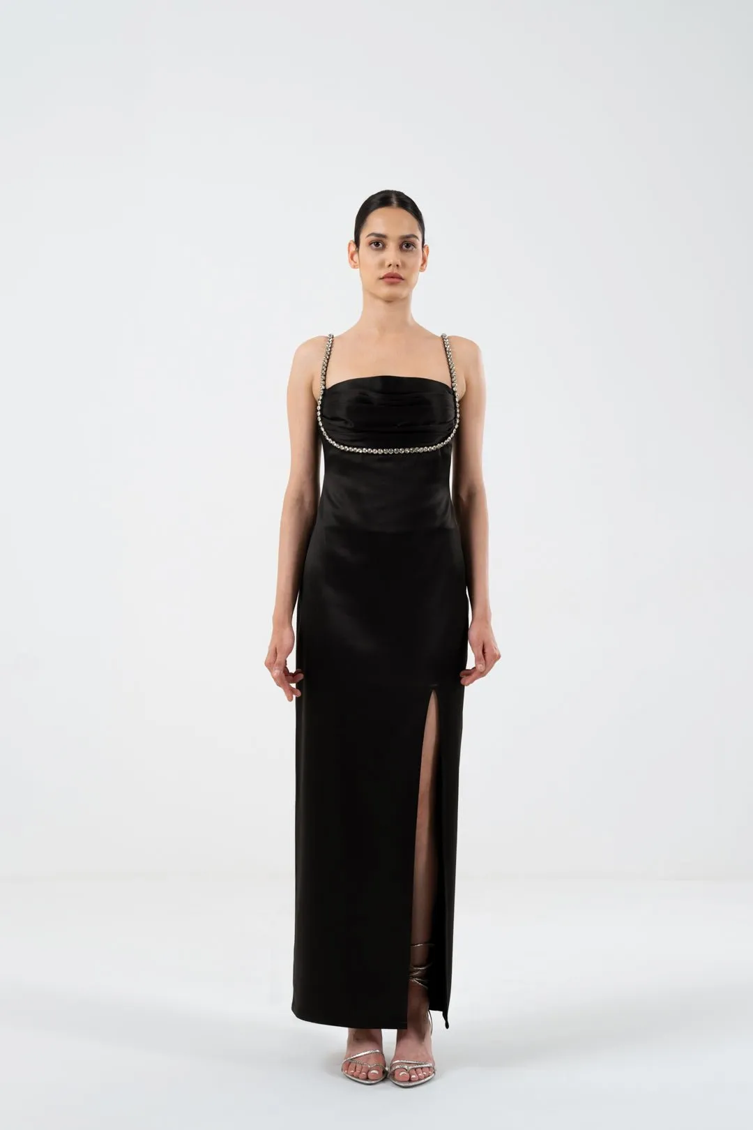 BUSTIER-PLEATED DRESS WITH GLASS-CUT STONE EMBELLISHMENT