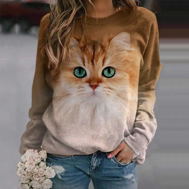 Cat Animal Print Round Neck Long Sleeve Pullover Sweatshirt