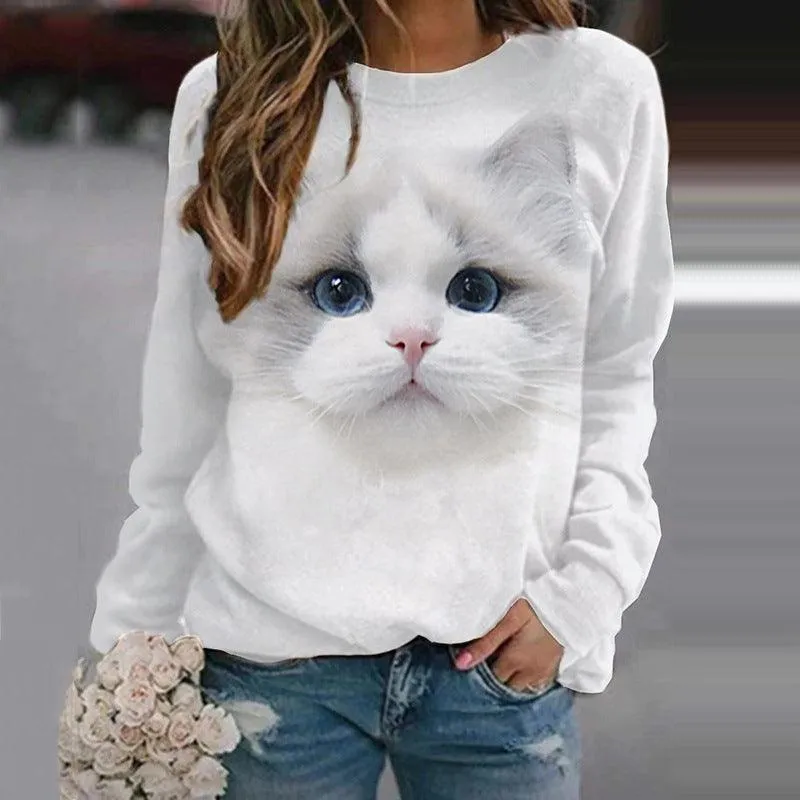 Cat Animal Print Round Neck Long Sleeve Pullover Sweatshirt