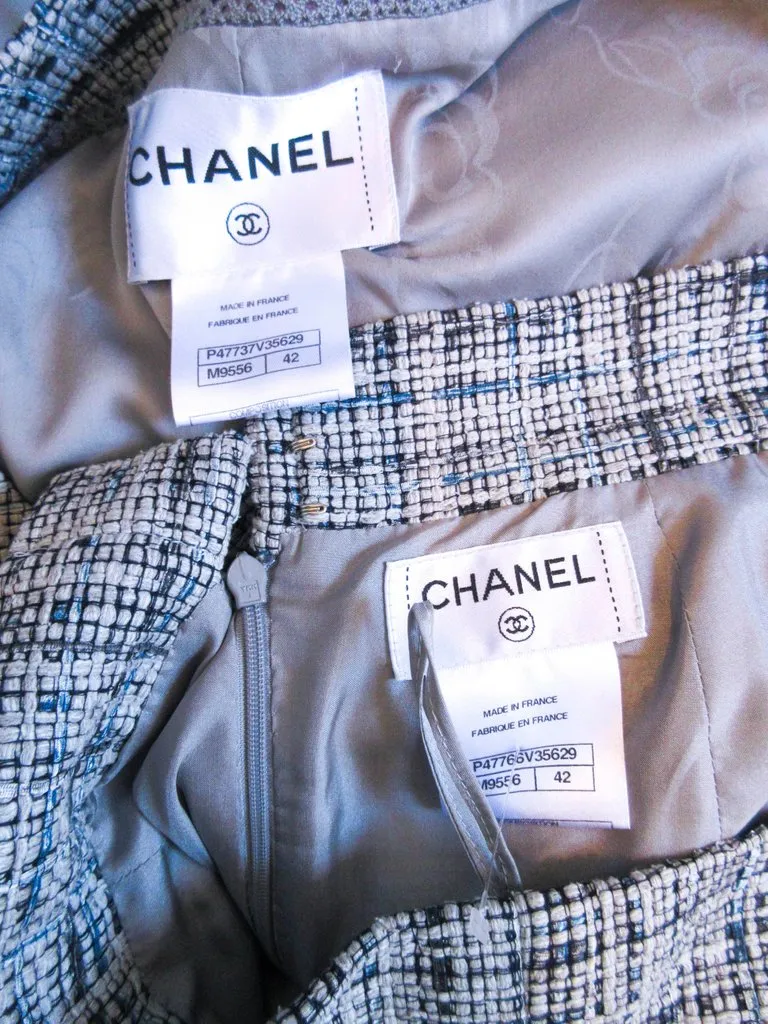 CHANEL Grey and Blue Skirt Suit Size 42