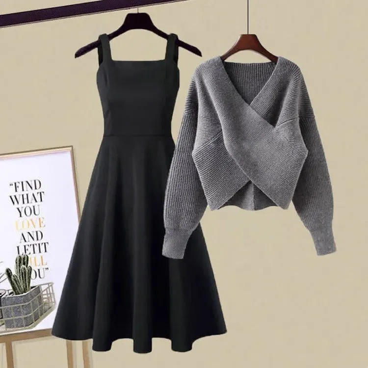 Chic Cross Knit V-Neck Sweater Slip Dress Two Piece Set