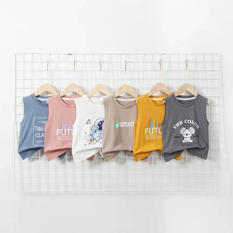 Children's Summer T-shirts Boys Girls Vests Sleeveless Cartoon Tee Tops 100% Cotton Comfortable Kids T-shirt Clothes Fashion New