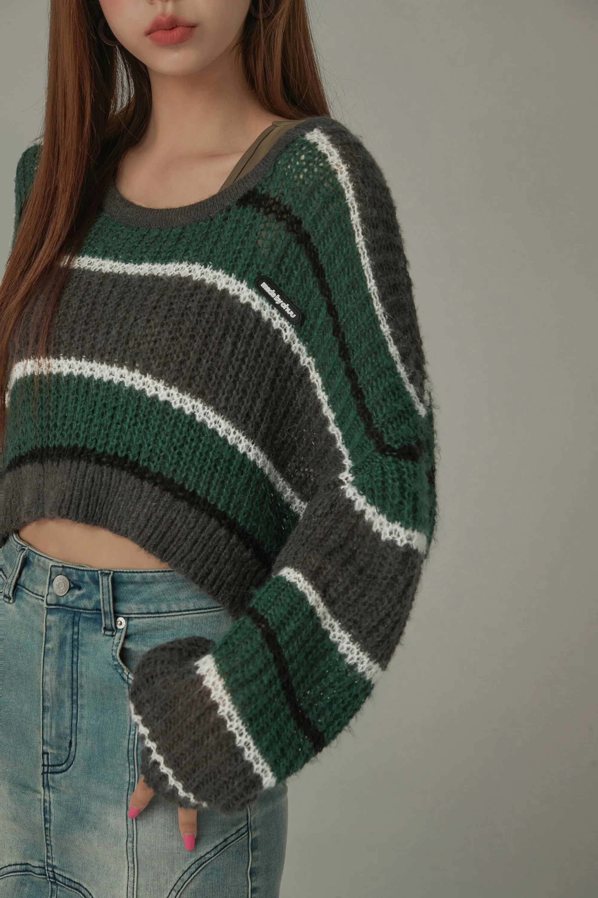 Color Combination Striped Cropped Knit Sweater