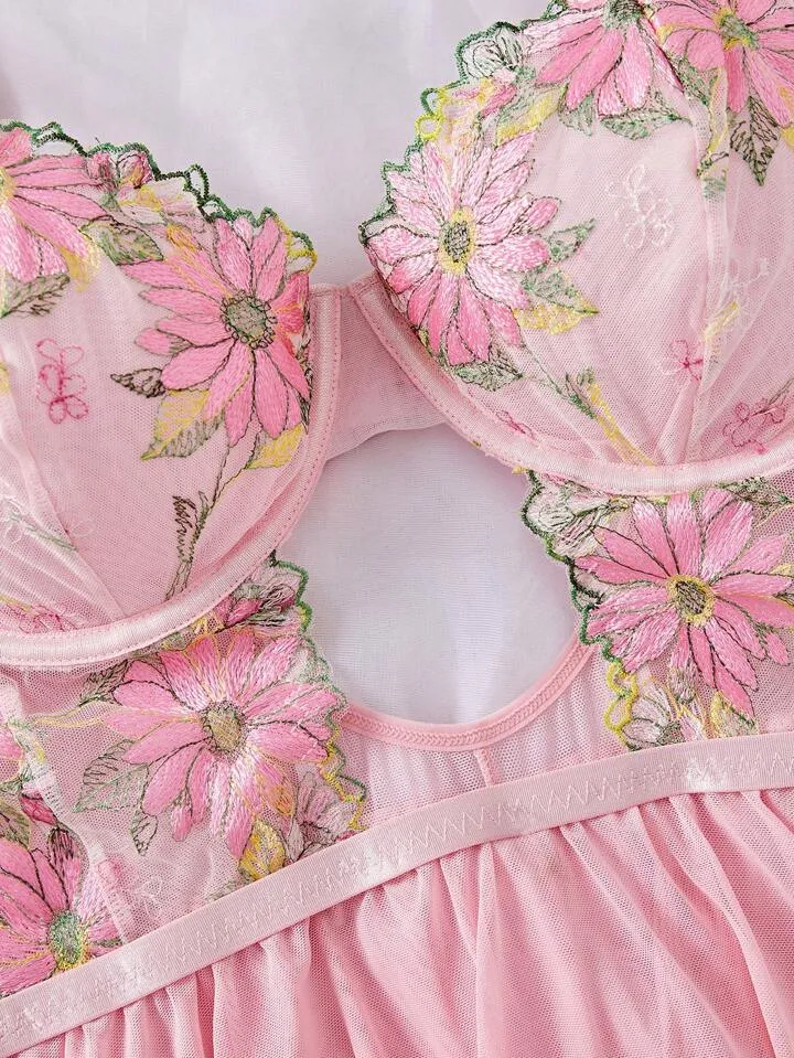 Coquette Lingerie Dress Pink Floral Embroidery