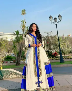 Elegant Indigo Harmony: Modern Menen Fabric in Habesha Kemis