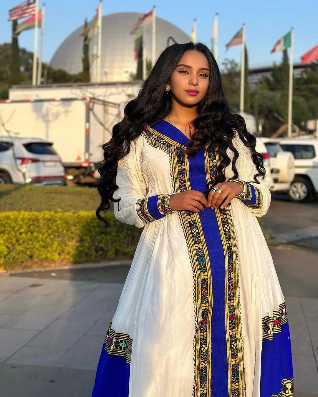 Elegant Indigo Harmony: Modern Menen Fabric in Habesha Kemis