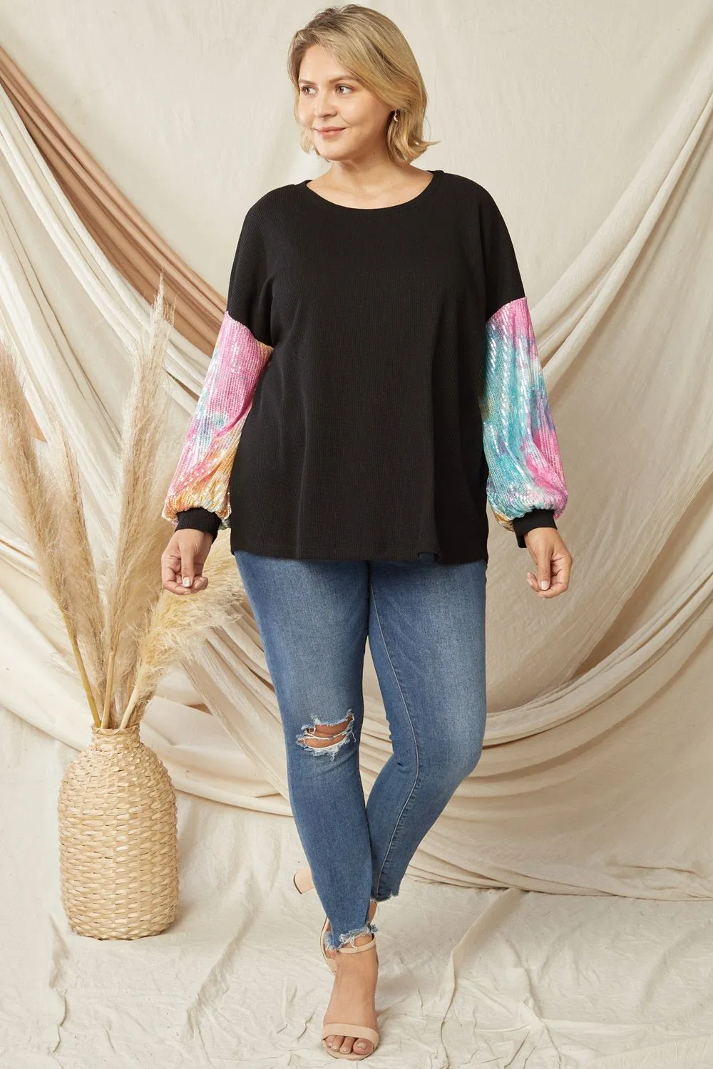 ENTRO Solid Waffle Top With Sequin Sleeves