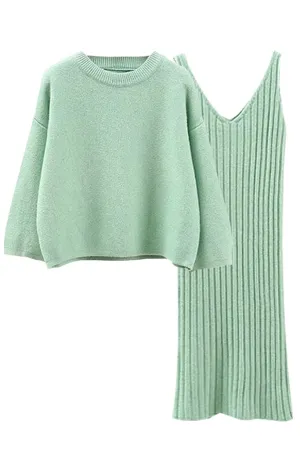 Erola Light Green Kneeted Mini Dress and Top Set