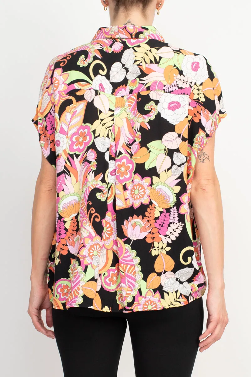 Floral & Ivy Floral Top - Versatile Black Red Yellow Mixed Jersey Knit Top