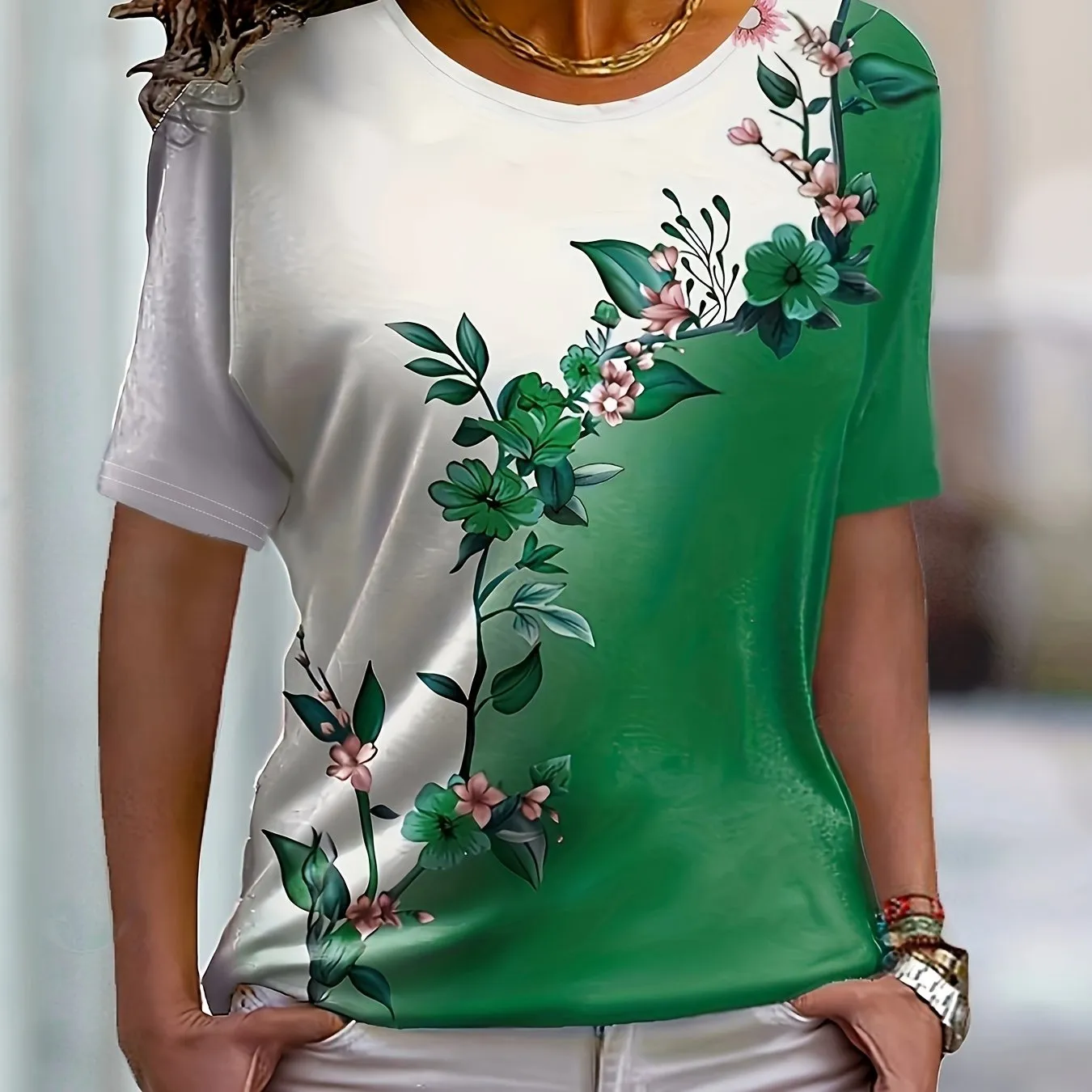 Floral Print Colorblock Crew Neck T-Shirt, Casual Short Sleeve Top For Spring & Summer, Women's Clothing