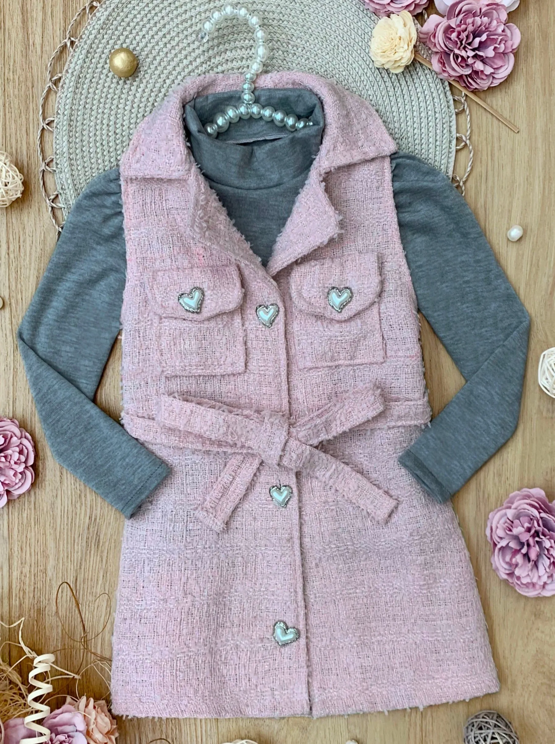 Forever Chic Grey Turtleneck and Belted Pink Tweed Shacket Dress Set