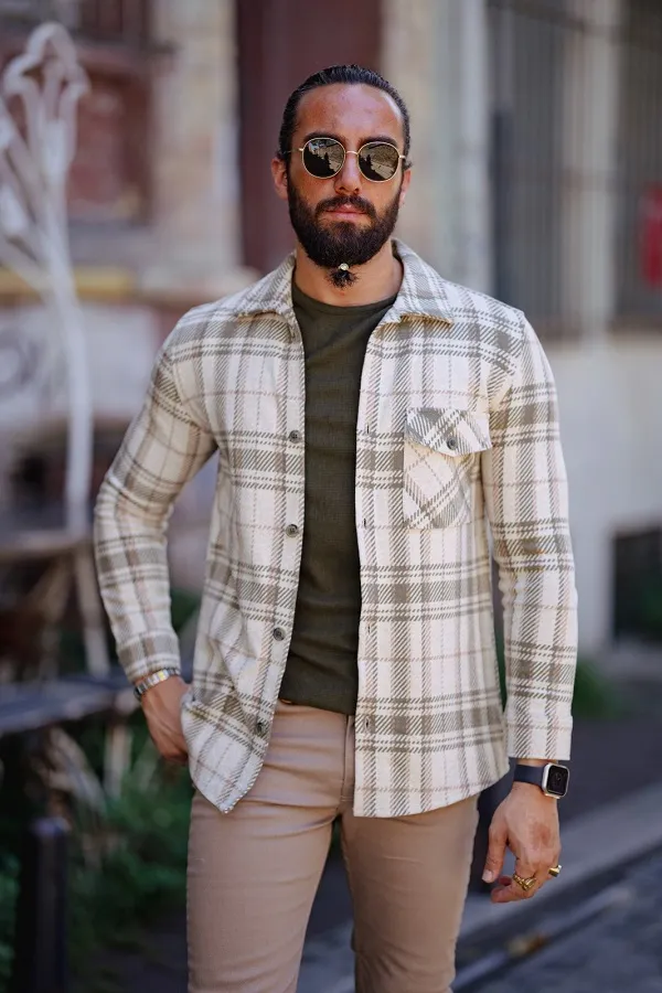 GentWith Rapid Beige Green Slim Fit Long Sleeve Plaid Shirt - GENT WITH