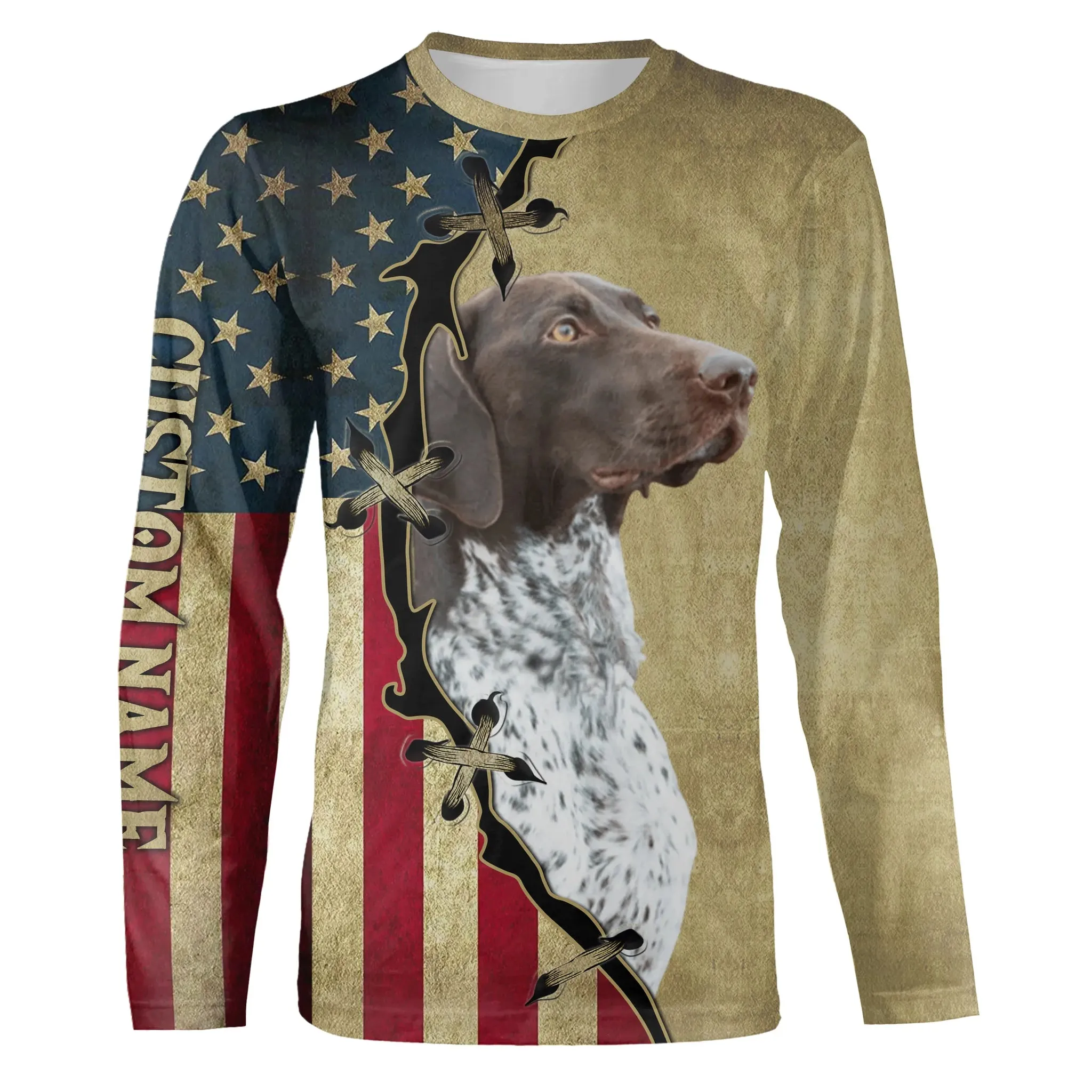 German Shorthaired Pointer American Flag 3D Long Sleeve Shirt, Custom Dog Lover Christmas Shirt