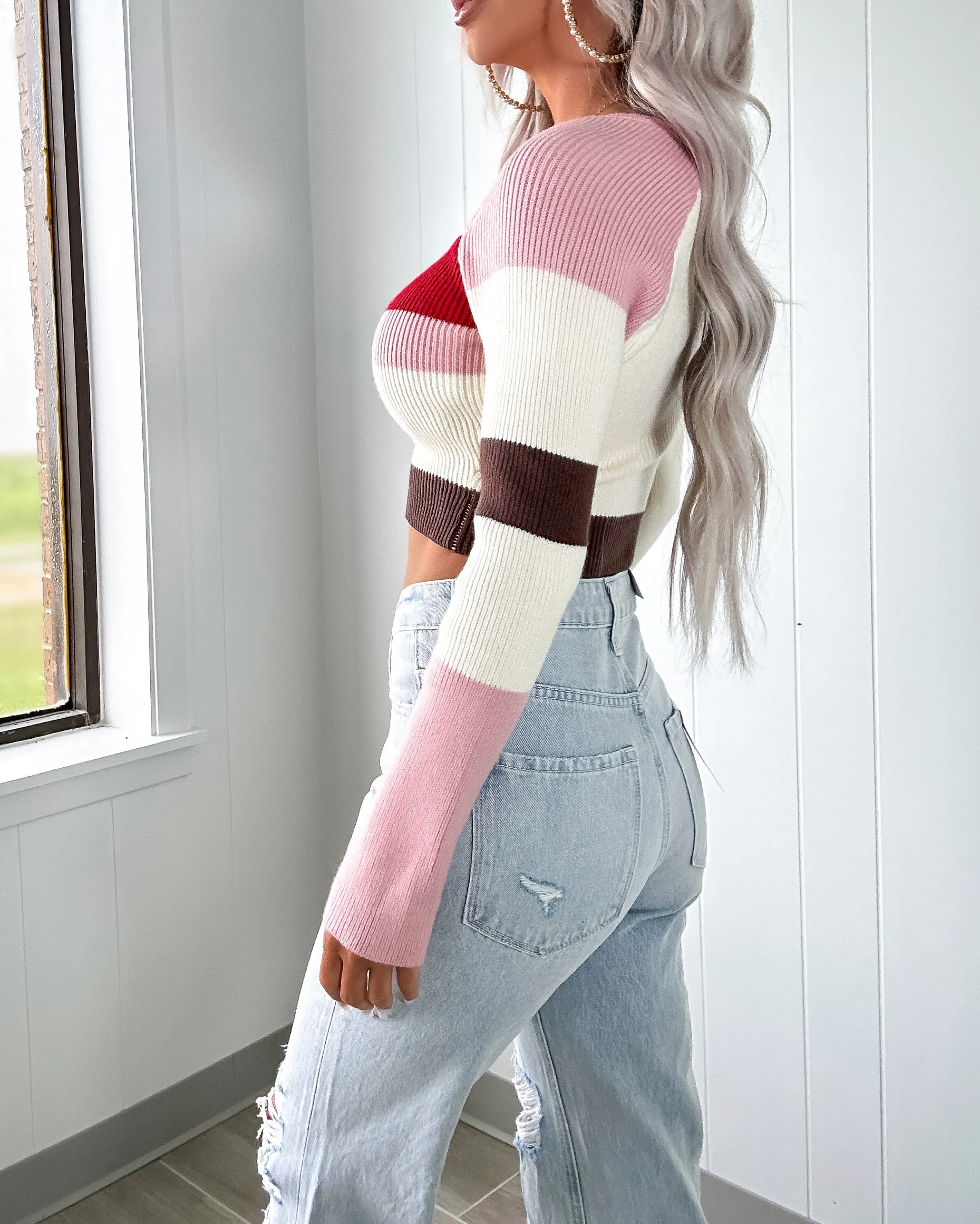 Golden Hour Colorblock Stripe Crop Sweater - Red