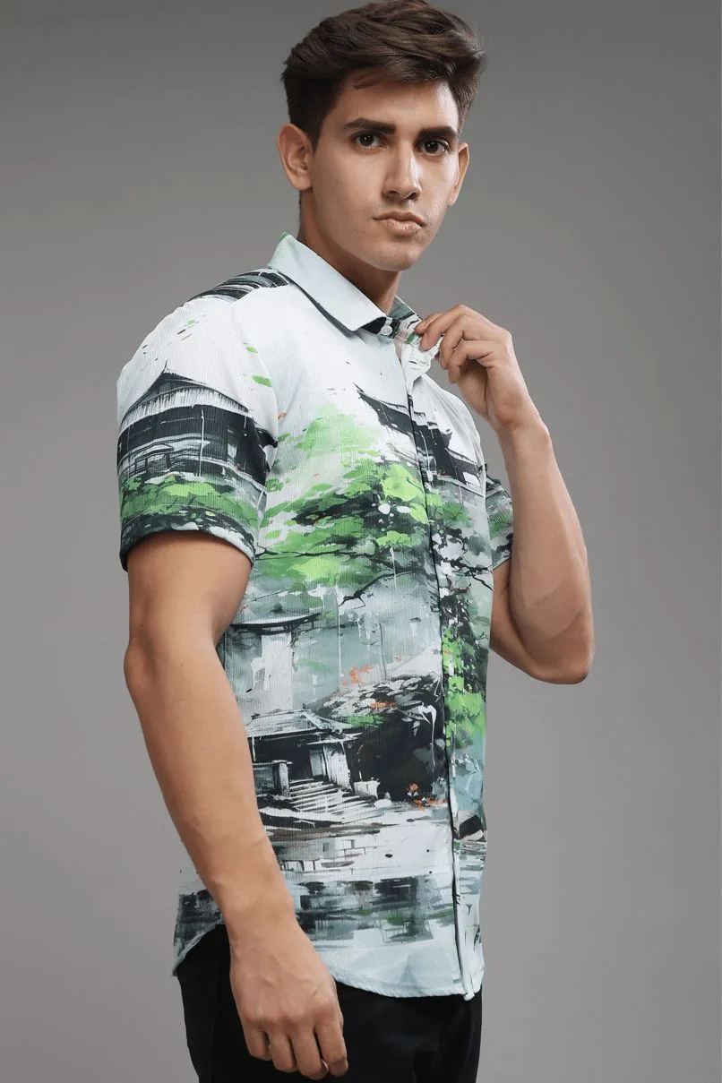 Green Temple Printed Shirt - Half - Wrinkle Free