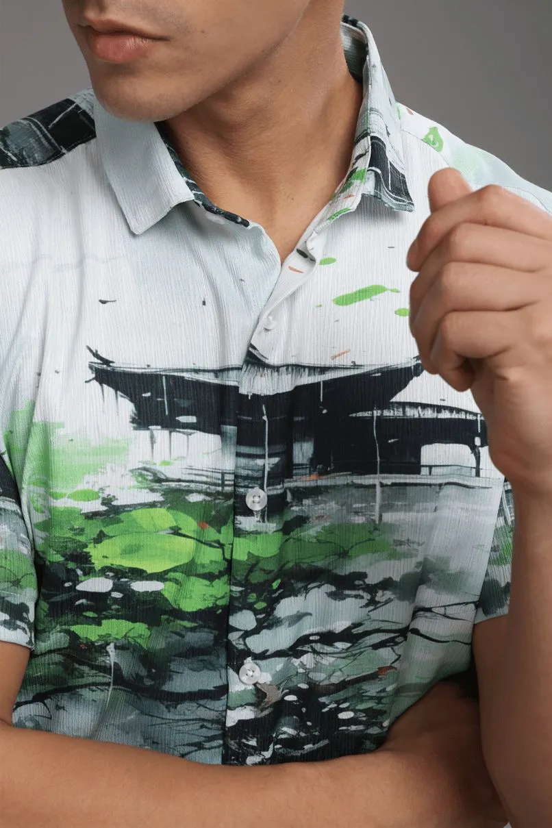 Green Temple Printed Shirt - Half - Wrinkle Free