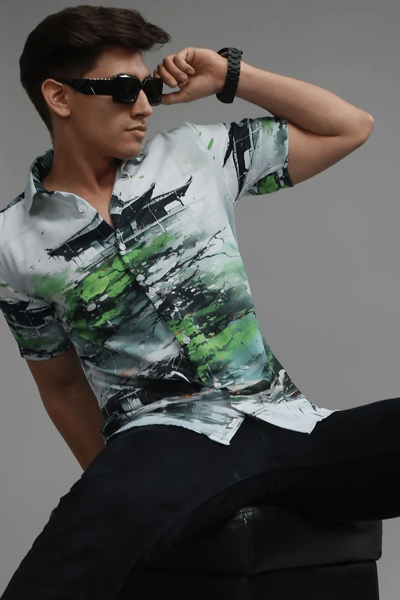 Green Temple Printed Shirt - Half - Wrinkle Free