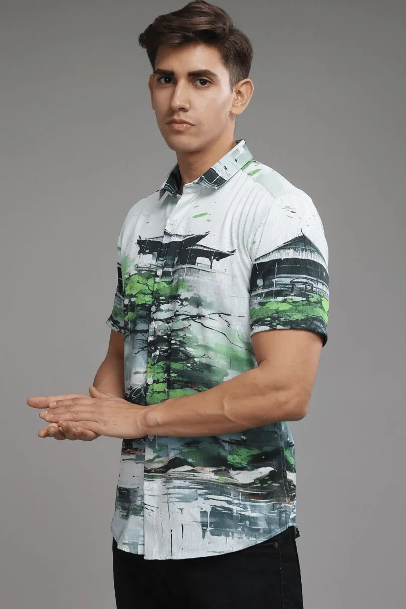 Green Temple Printed Shirt - Half - Wrinkle Free