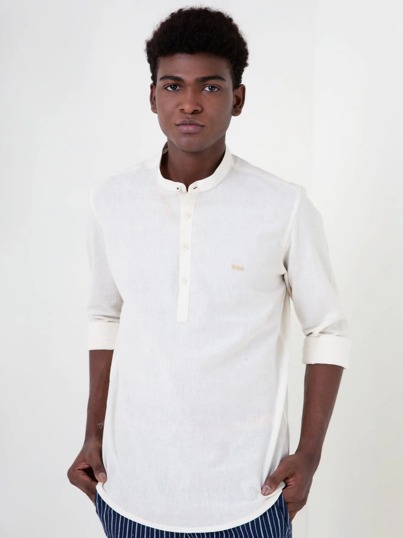 Hand Woven Khadi Mandarin Collared Kurta Shirt